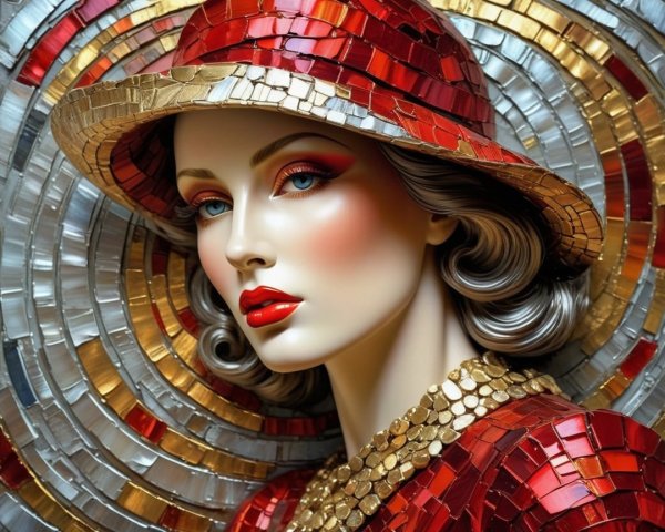 Mannequin in Vibrant Mosaic Outfit with Chic Hat