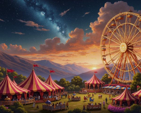 Vibrant Carnival Scene at Dusk with Ferris Wheel