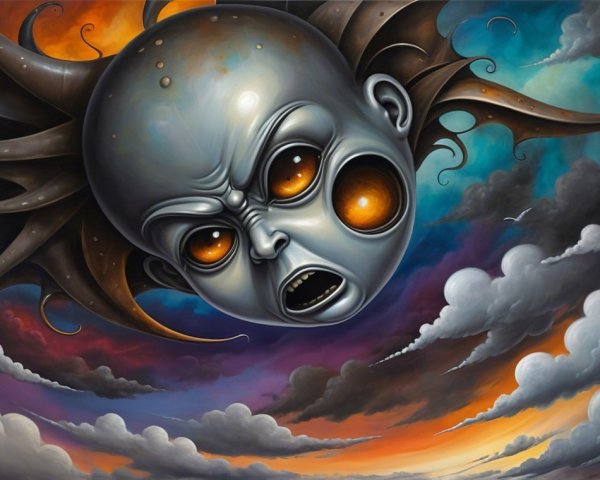 Surreal Artwork of Expressive Head with Dramatic Sky