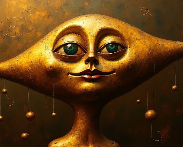 Surreal Golden Figure with Green Eyes and Orbs