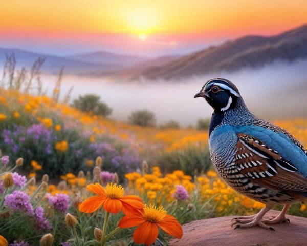 Blue Quail in Colorful Meadow at Sunrise