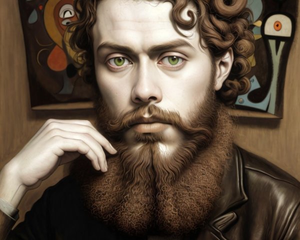 Young man with curly hair and beard in abstract setting