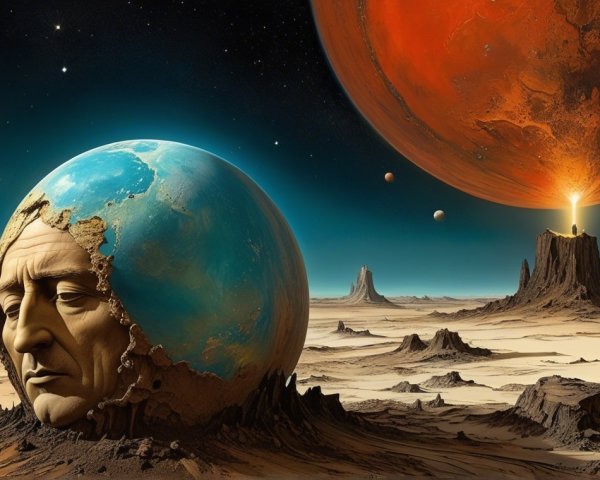Surreal Alien Landscape with Cracked Globe and Red Planet