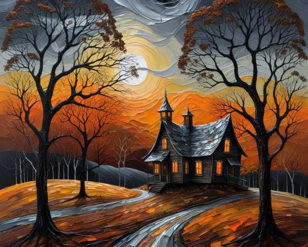 Impressionist Painting of a Mansion at Sunset