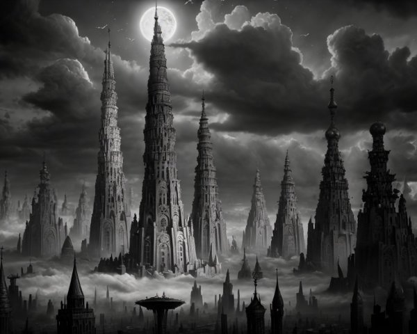 Black-and-White Landscape with Gothic Spires and Moonlight