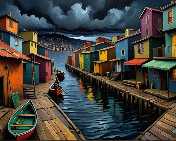 Vibrant Illustration of Colorful Houses by a Canal