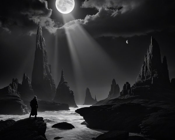 Solitary Figure on Jagged Rocks Under a Massive Moon