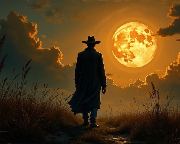 Silhouetted Figure in Tall Grass Under Full Moon