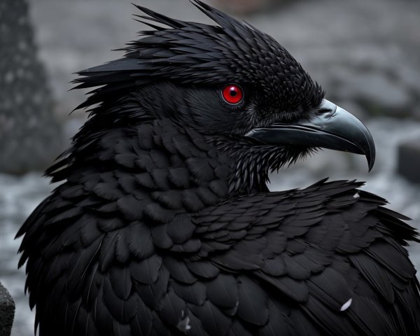 Black Bird with Intricate Feathers and Red Eye
