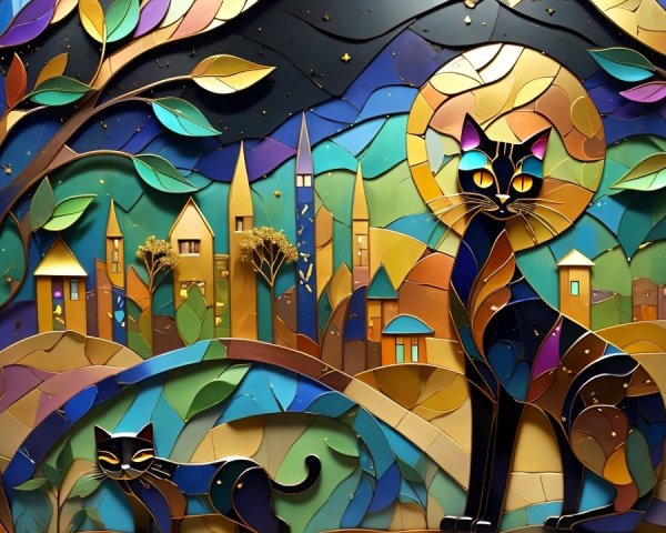 Abstract Artwork of Cats in Colorful Landscape