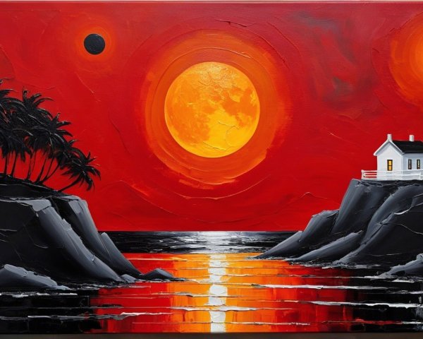 Sunset Scene with Lighthouse and Palm Tree Silhouettes