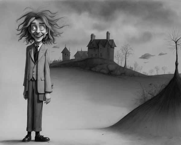 Whimsical Black-and-White Illustration with Gothic Elements