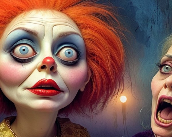 Surreal Clown and Distressed Woman in Eerie Setting