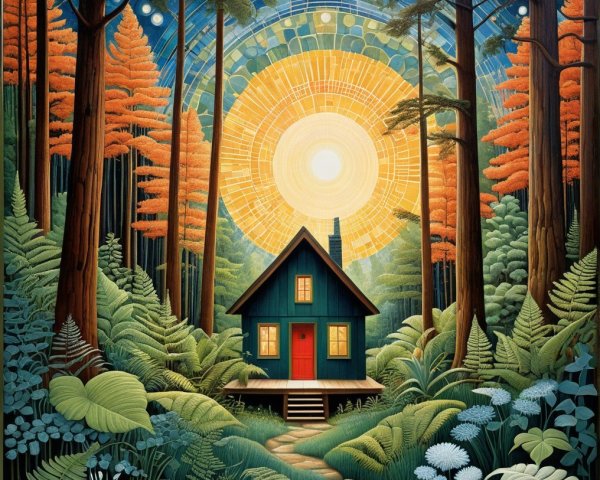 Blue Cabin Surrounded by Autumn Trees and Foliage