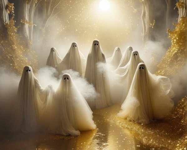 Ethereal Figures in a Golden Misty Landscape