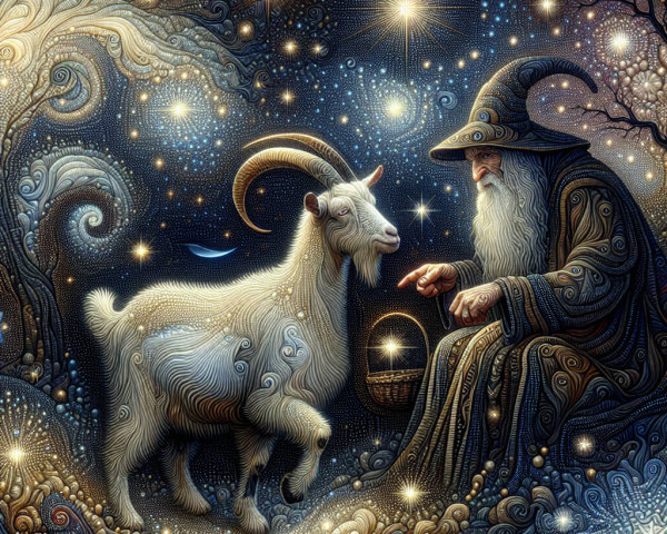 Old Wizard Pointing at Goat in Starry Background