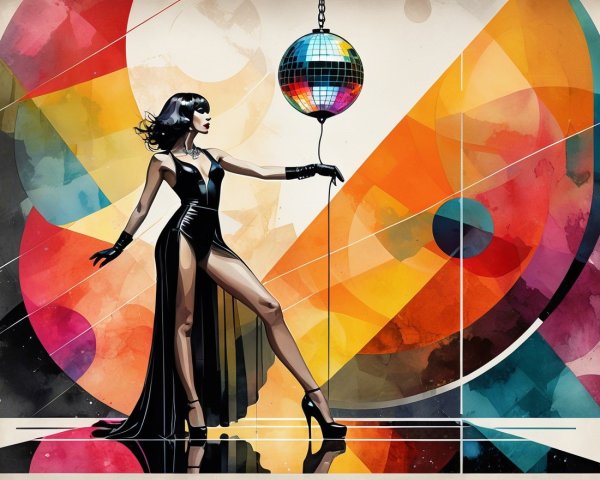 Stylish Figure in Black Gown with Disco Ball Background