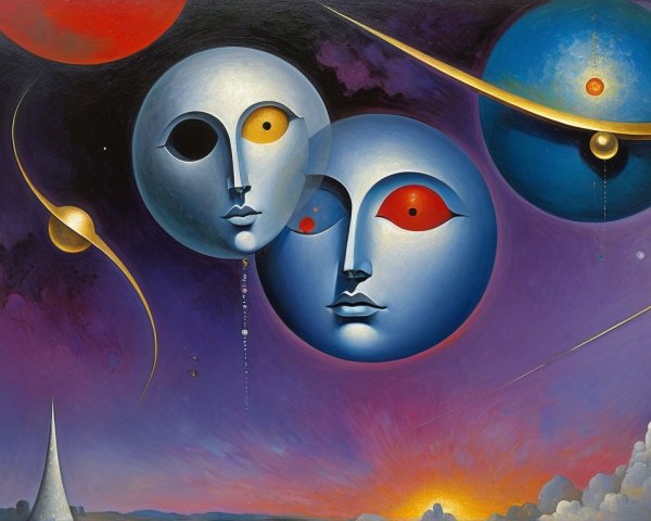 Stylized Faces with Cosmic Backdrop and Structures