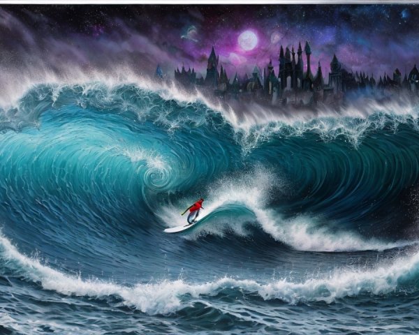 Surfer Riding a Turquoise Wave with Mystical City Backdrop