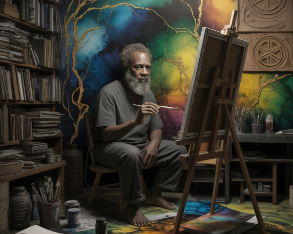 Artist in Studio Surrounded by Colorful Art Supplies
