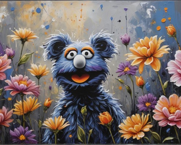 Whimsical Character in a Colorful Garden Setting