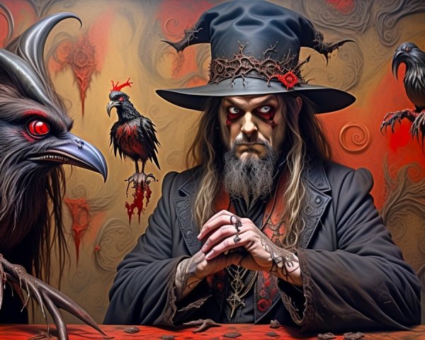 Mysterious Figure in Dark Attire Surrounded by Ravens