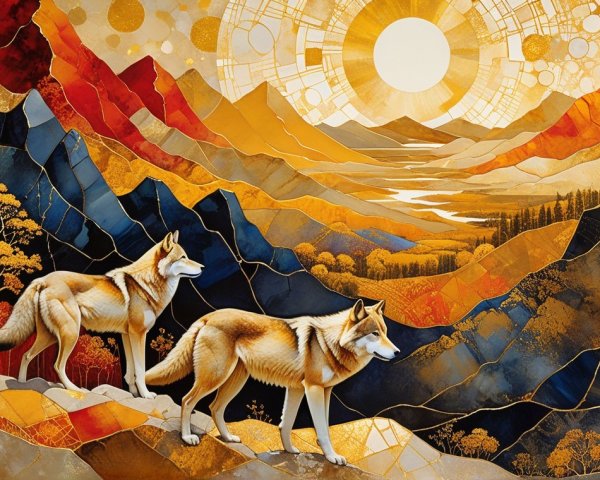 Wolves on Rocky Ridge with Vibrant Mountain Landscape