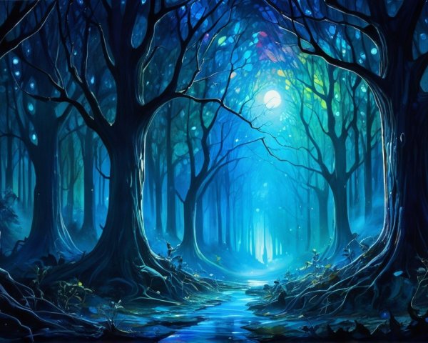 Mystical Twilight Forest with Ethereal Glows and Stream