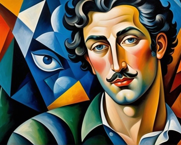 Colorful Portrait of a Man with Curly Hair and Mustache