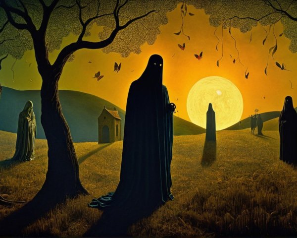 Surreal Landscape with Cloaked Figures and Moonlight
