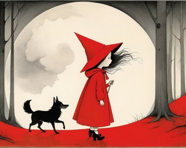 Whimsical Illustration of Girl in Cloak in Forest