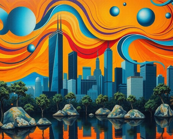 Vibrant Abstract City Skyline with Colorful Reflection