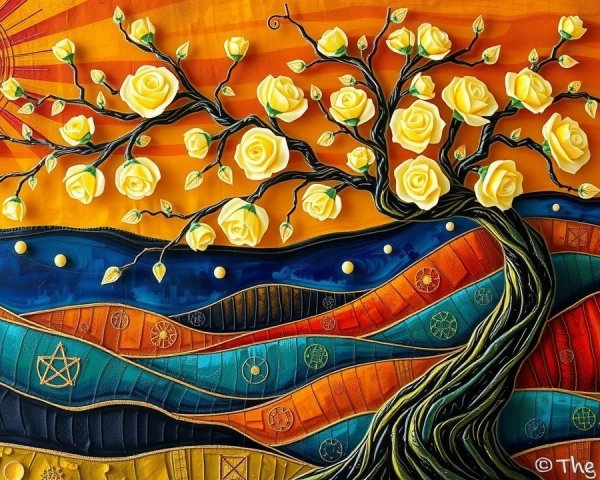 Golden-yellow rose tree with multicolored wave background