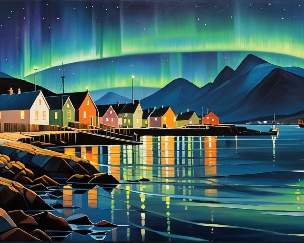 Coastal Village with Colorful Houses and Auroras