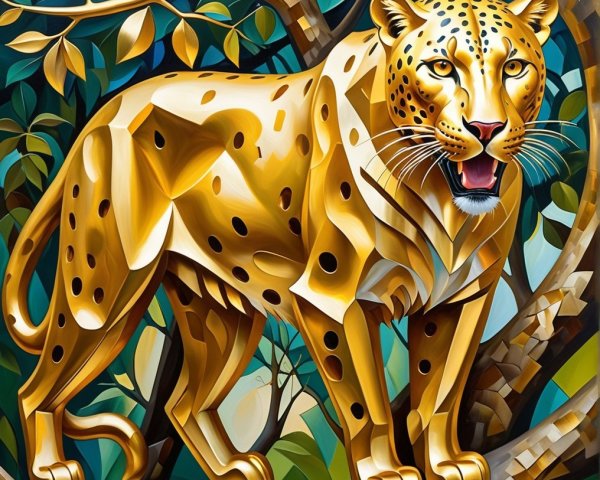 Golden leopard on a tree branch with vibrant colors