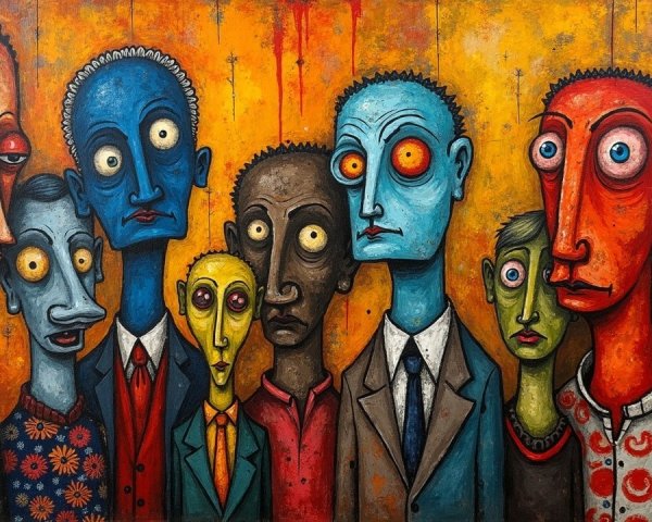 Vibrant Painting of Diverse Figures with Exaggerated Features