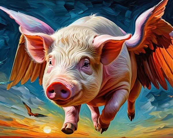 Pig with Wings Flying in a Colorful Sunset Sky
