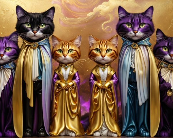 Regal Cats in Luxurious Capes Against Golden Backdrop