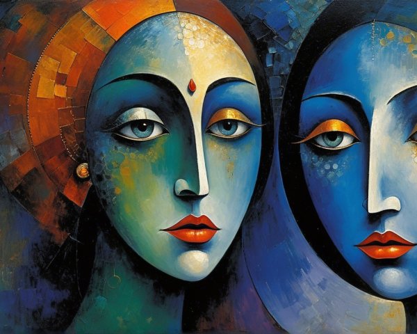 Stylized Female Faces in Vibrant Blue and Red Tones