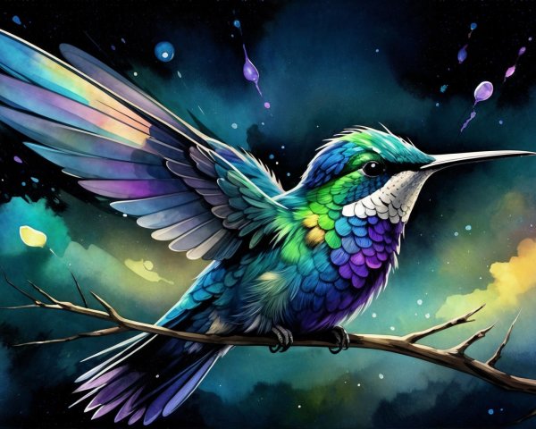 Vibrant Hummingbird with Iridescent Feathers on Branch