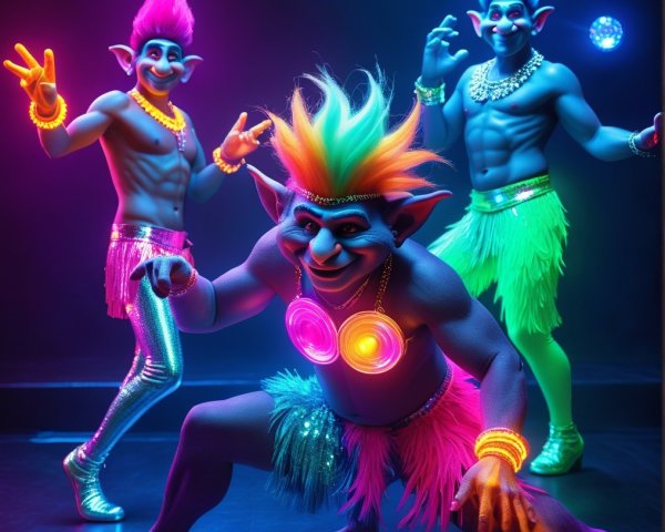 Vibrant Troll-Like Characters in Neon-Lit Setting