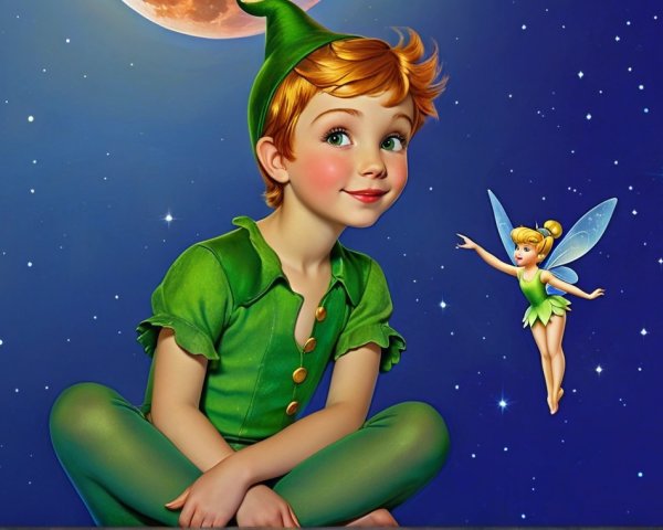 Young boy in fairy costume against starry night sky