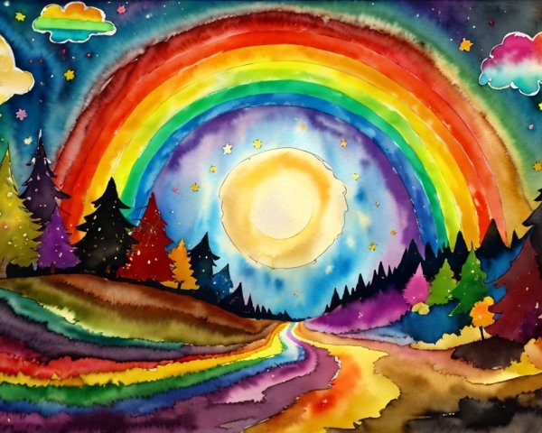 Vibrant Watercolor Landscape with Rainbow and Trees