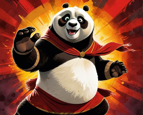 Cartoon Panda in Action Pose with Vibrant Background