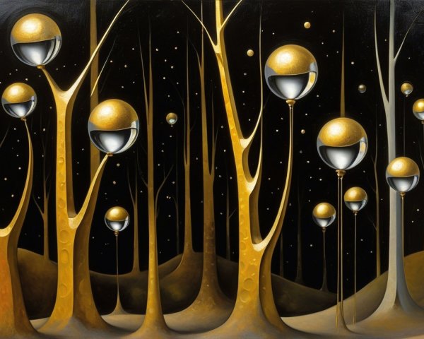 Surreal Landscape with Golden Trees and Orbs