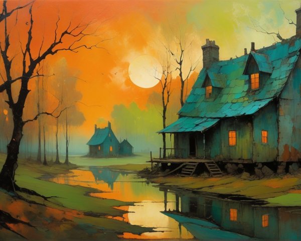 Whimsical Landscape with Houses by a Serene River