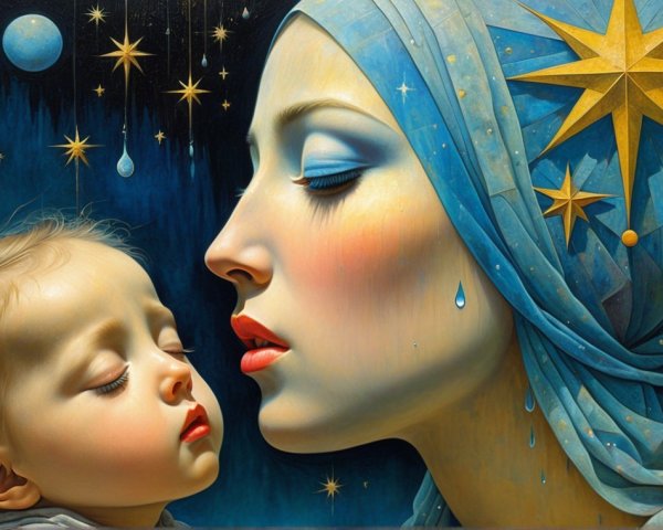 Ethereal Woman with Starry Headscarf and Child