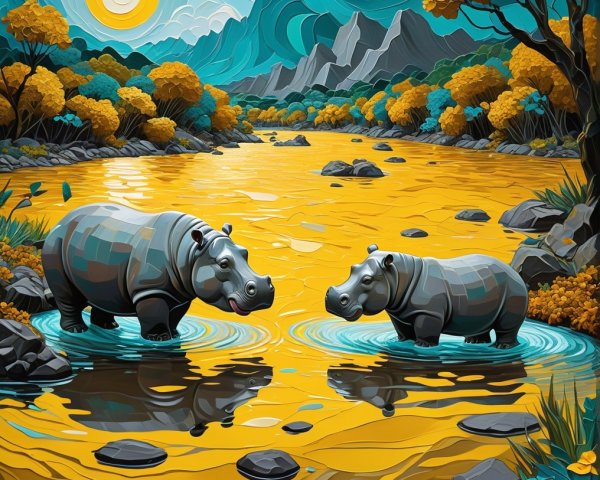 Whimsical Hippos in a Golden River with Autumn Foliage