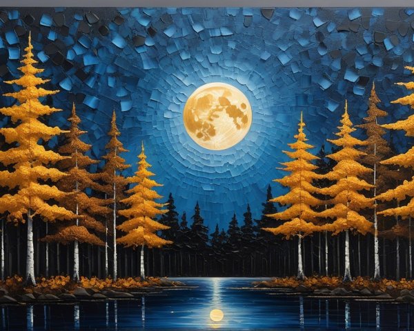 Serene Landscape with River and Full Moon Reflection