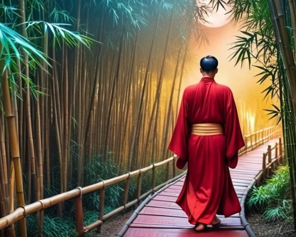 Pathway in a Bamboo Forest with Soft Golden Light